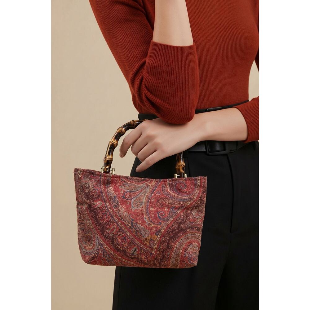 Vintage Romeg Tapestry Paisley Terracotta Style Bamboo Handle Handbag Multicolor